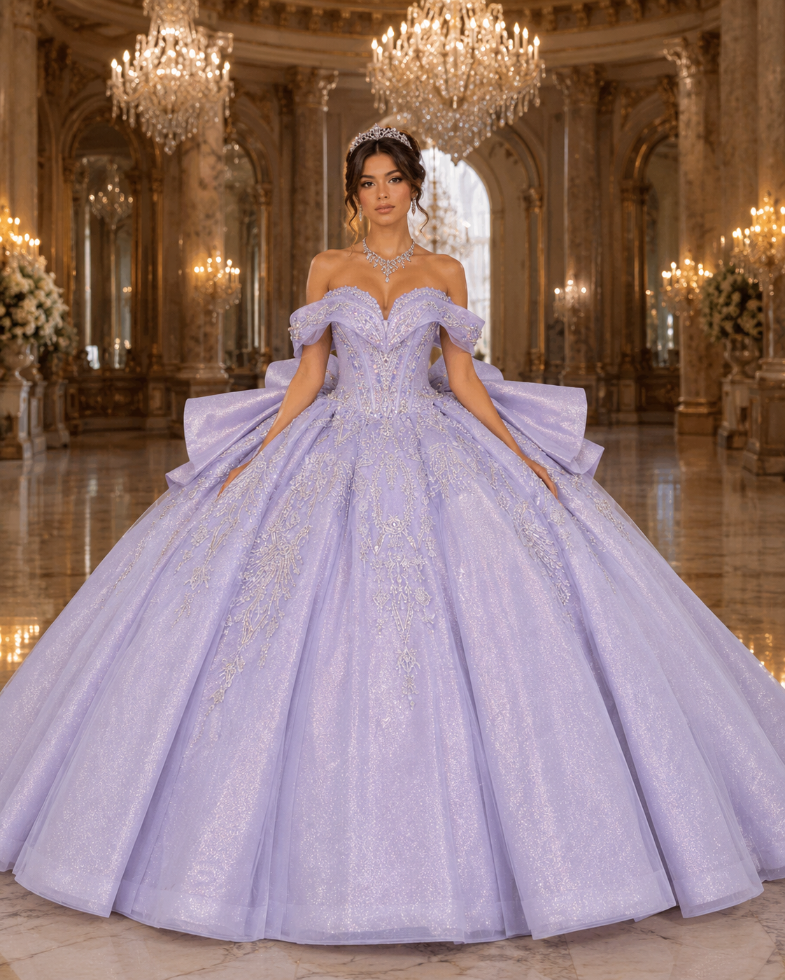 Lavender Purple Luxury Quinceañera Ball Gown with Beaded Corset & Bow Train