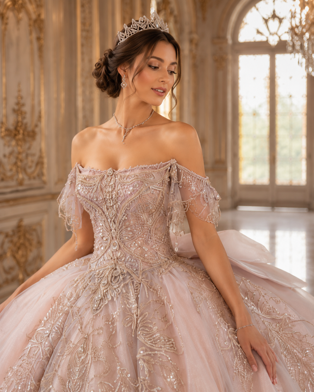 Blush Champagne Luxury Quinceañera Ball Gown with Beaded Corset & Long Train