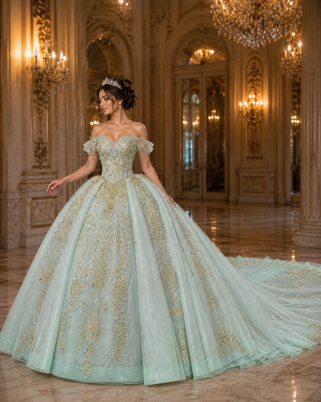 Pale Mint Luxury Quinceañera Ball Gown with Gold Embroidery & Dramatic Train