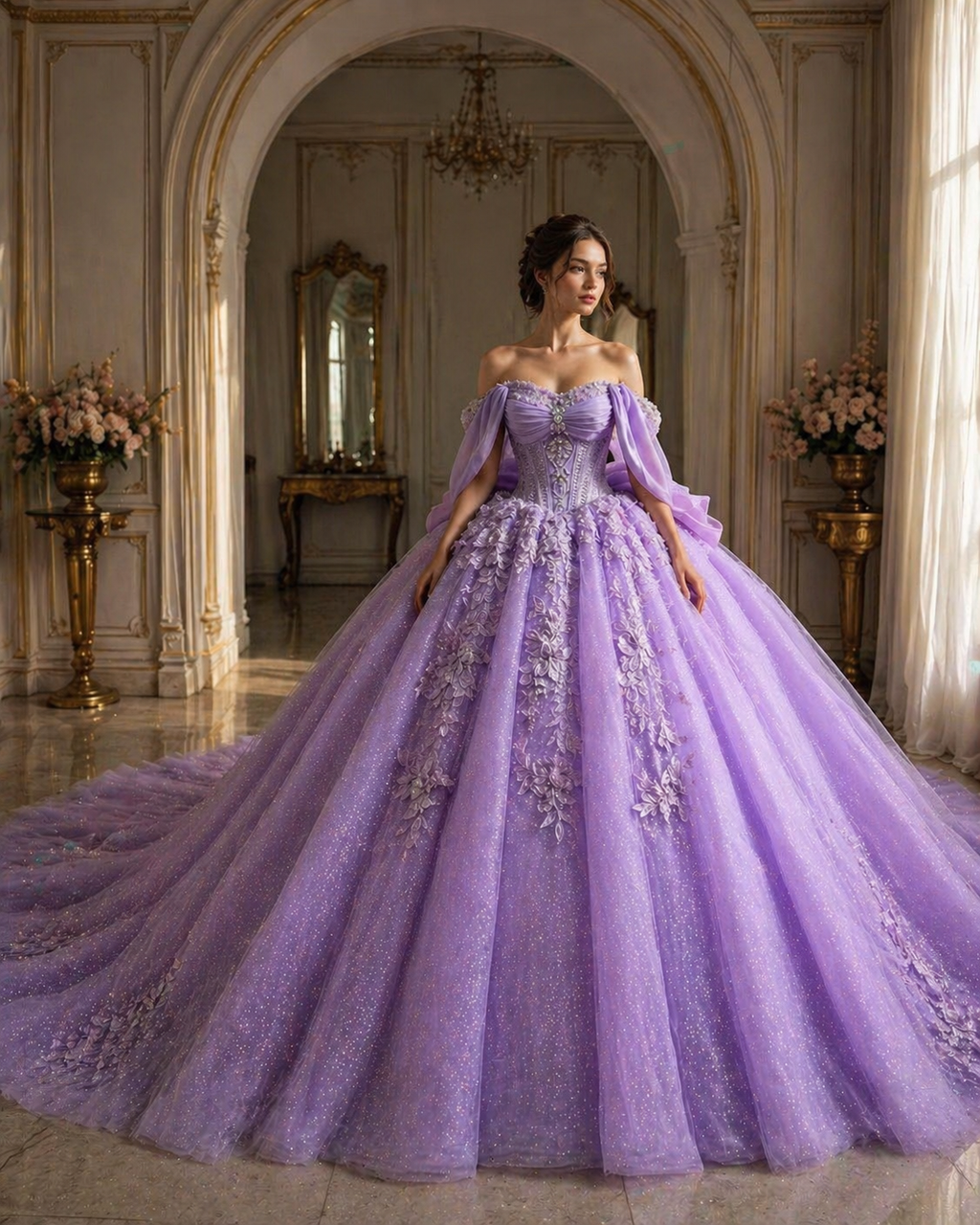 Lavender Luxury Quinceañera Ball Gown with Floral Appliqué & Long Train