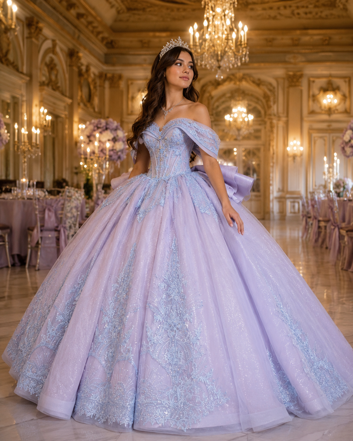 Lavender Blue Luxury Quinceañera Ball Gown with Beaded Corset & Bow Train