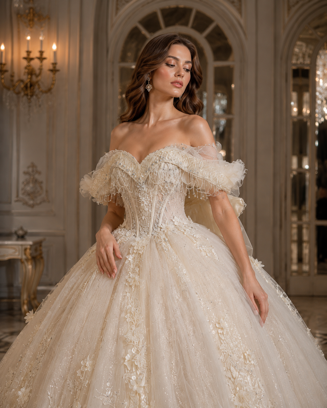 Ivory Champagne Quinceañera Ball Gown with Beaded Corset & Feather Hem
