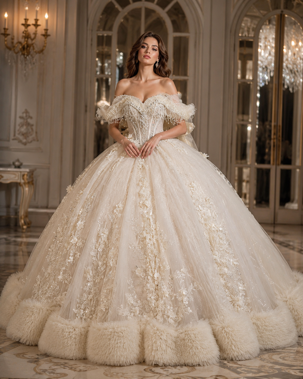 Ivory Champagne Quinceañera Ball Gown with Beaded Corset & Feather Hem