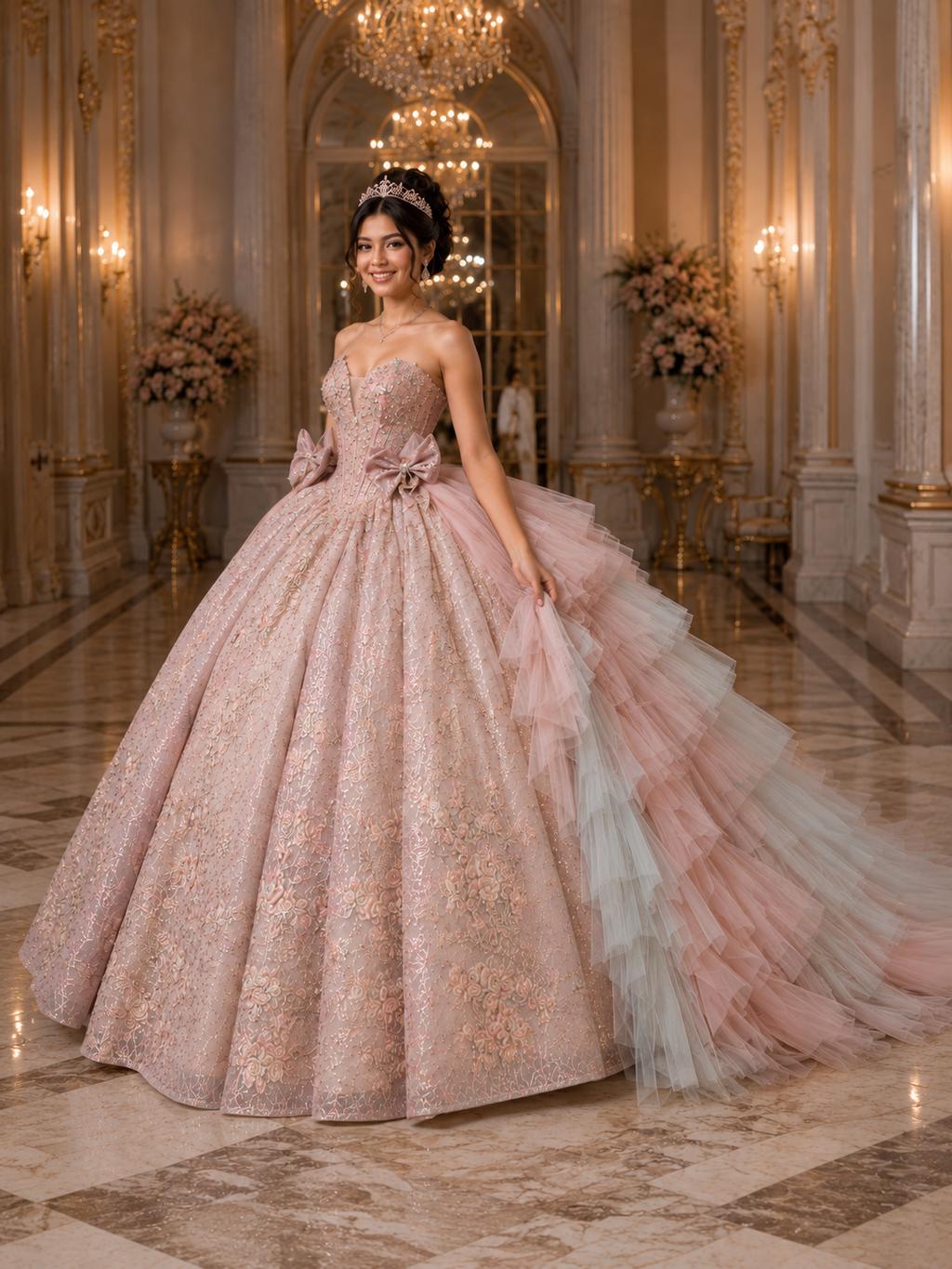 Blush Pink Luxury Quinceañera Ball Gown with Floral Beading & Ombre Ruffle Train