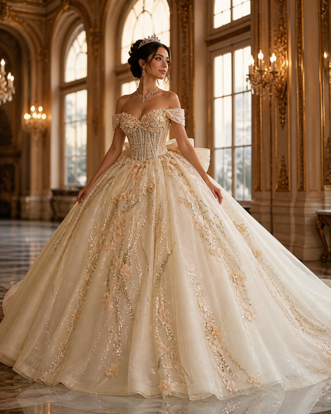Ivory Champagne Luxury Quinceañera Ball Gown with 3D Floral Beading & Bow Train
