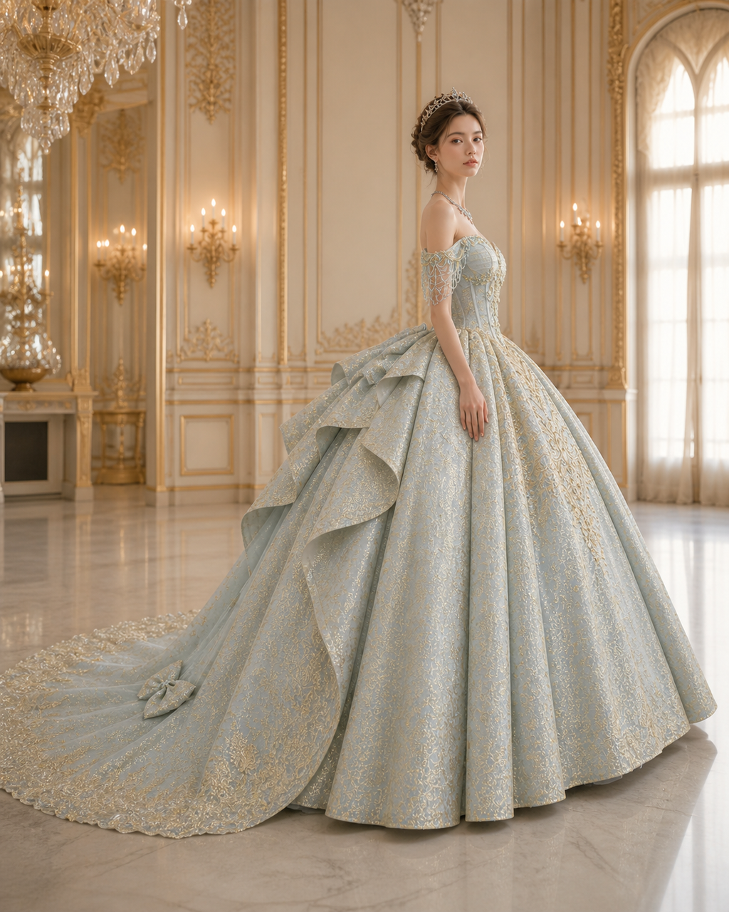 Dusty Blue Luxury Quinceañera Ball Gown with Gold Embroidery & Dramatic Bow Train