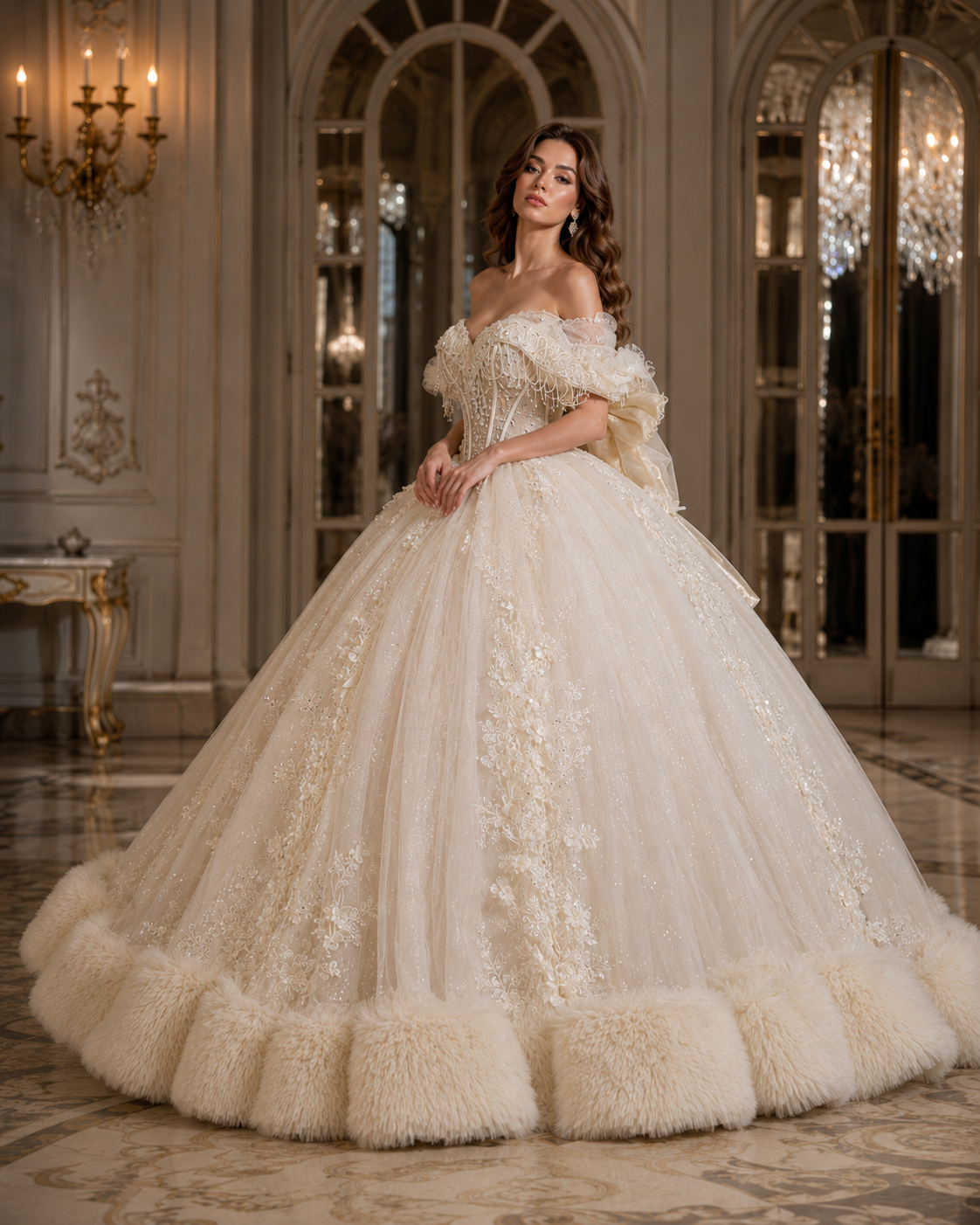 Ivory Champagne Quinceañera Ball Gown with Beaded Corset & Feather Hem