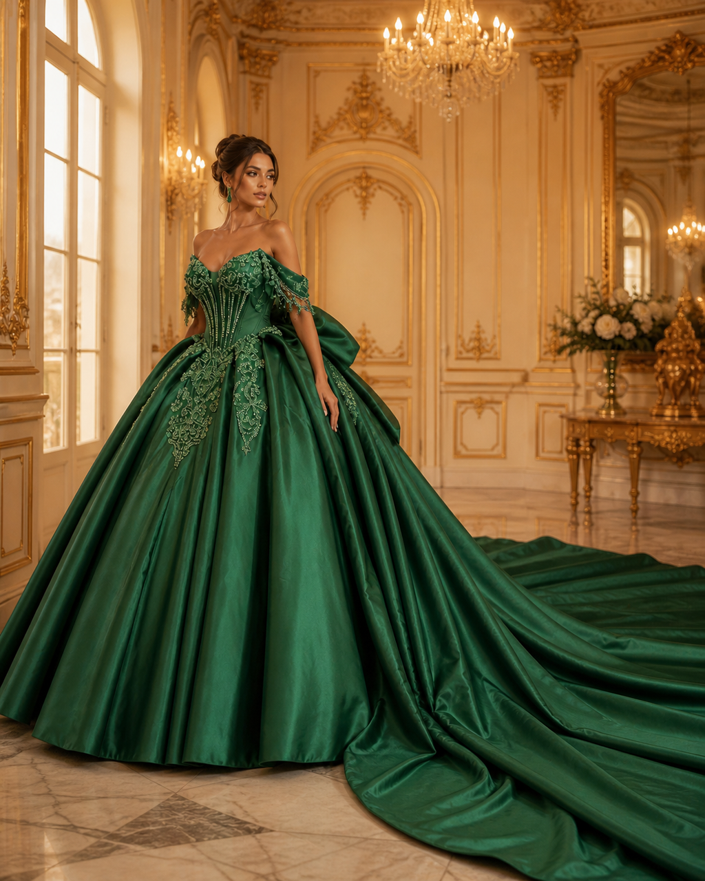 Emerald Green Luxury Quinceañera Ball Gown with Beaded Corset & Long Train