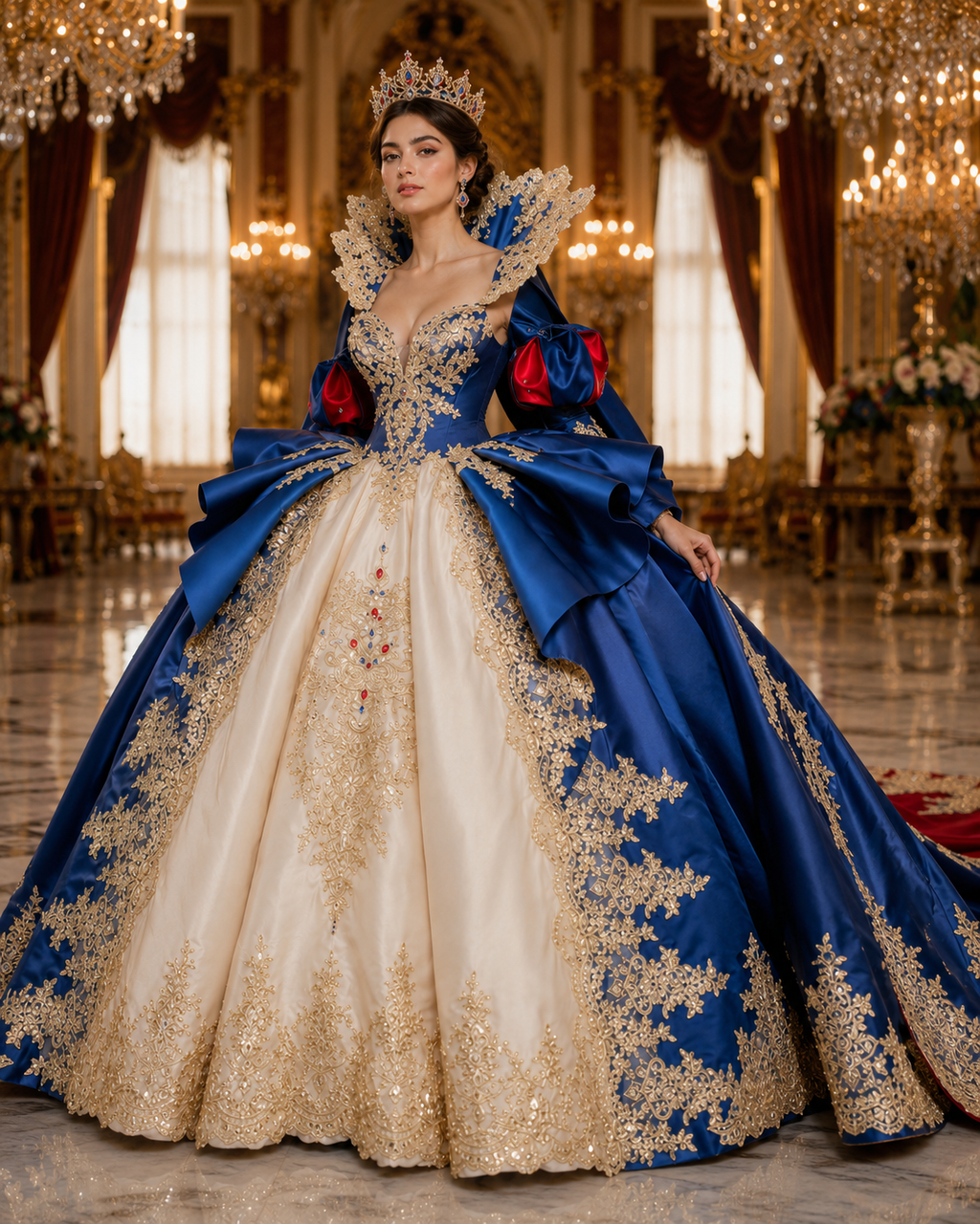 Royal Blue and Red Queen Quinceañera Ball Gown with Gold Lace Cape & Bow Back