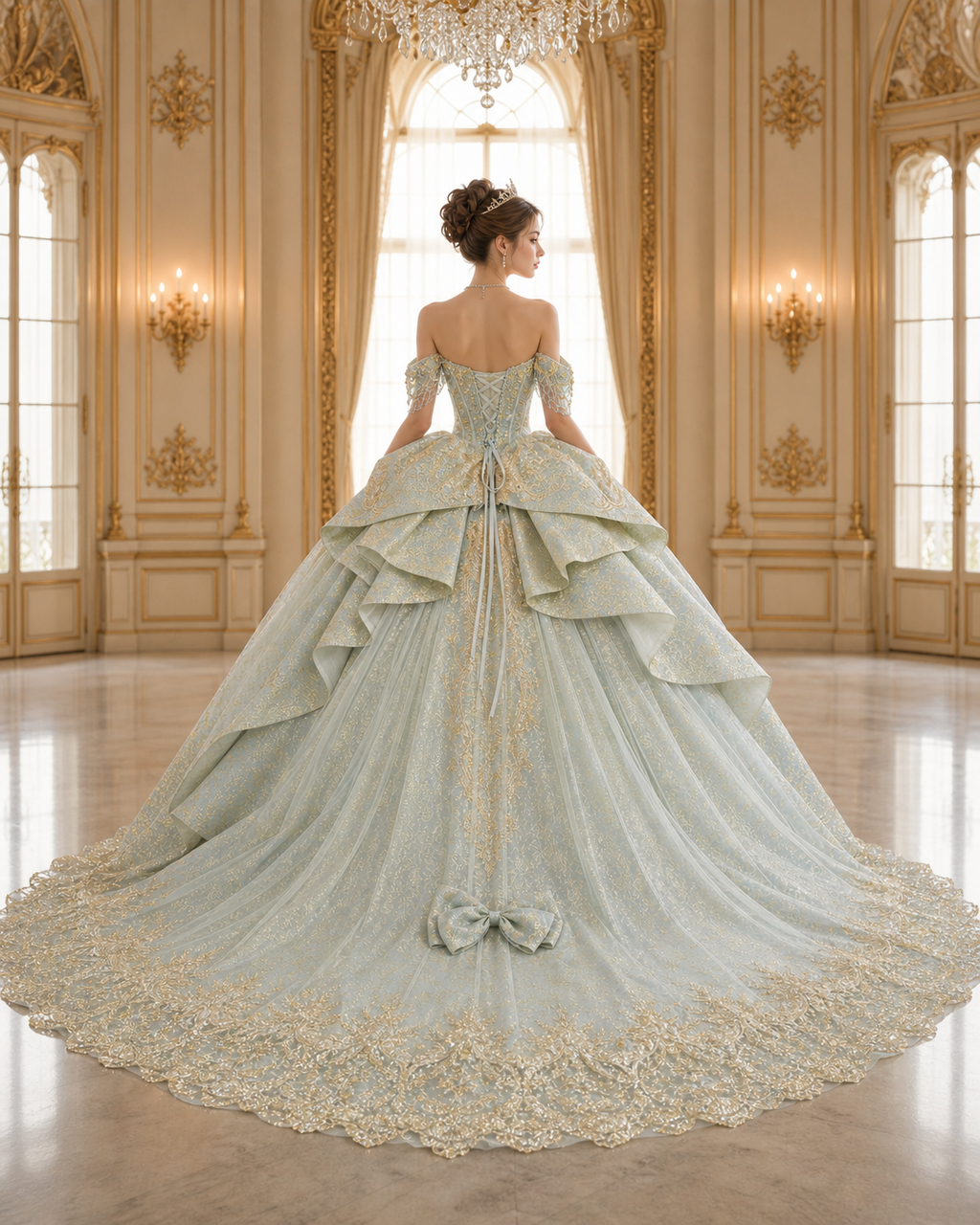 Dusty Blue Luxury Quinceañera Ball Gown with Gold Embroidery & Dramatic Bow Train