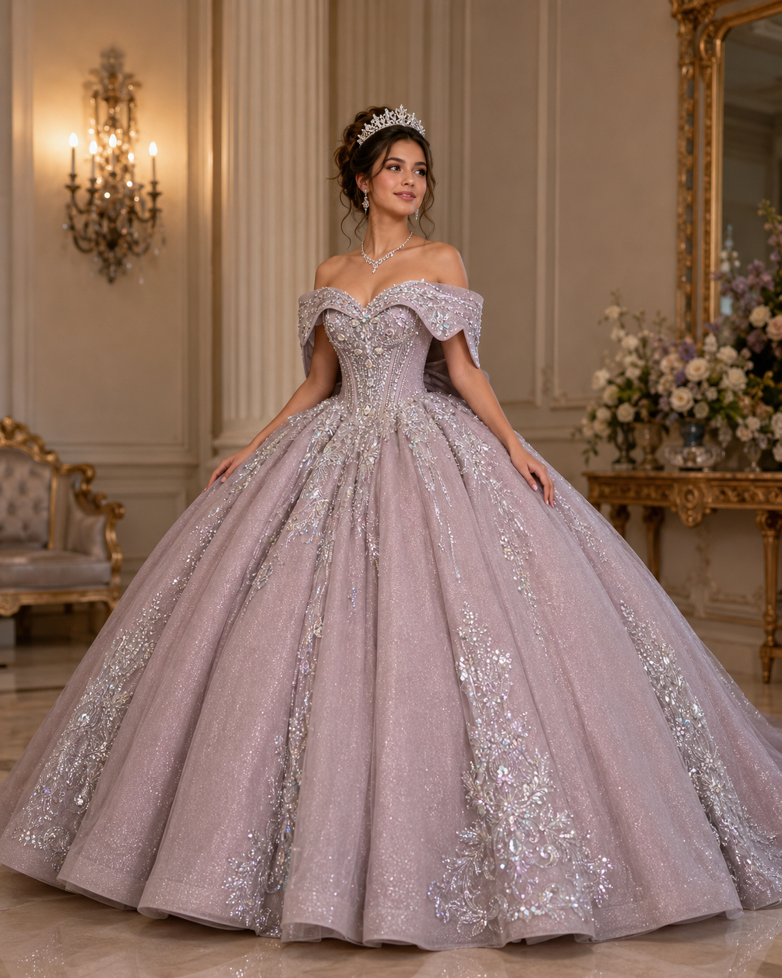 Dusty Mauve Luxury Quinceañera Ball Gown with Beaded Corset & Bow Back