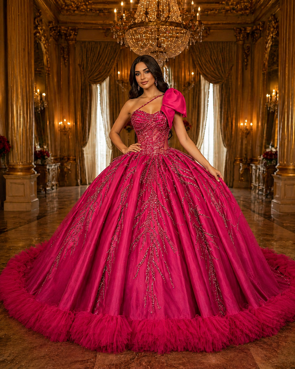 Fuchsia Quinceañera Ball Gown with Beaded Corset, One-Shoulder Bow & Ruffle Train