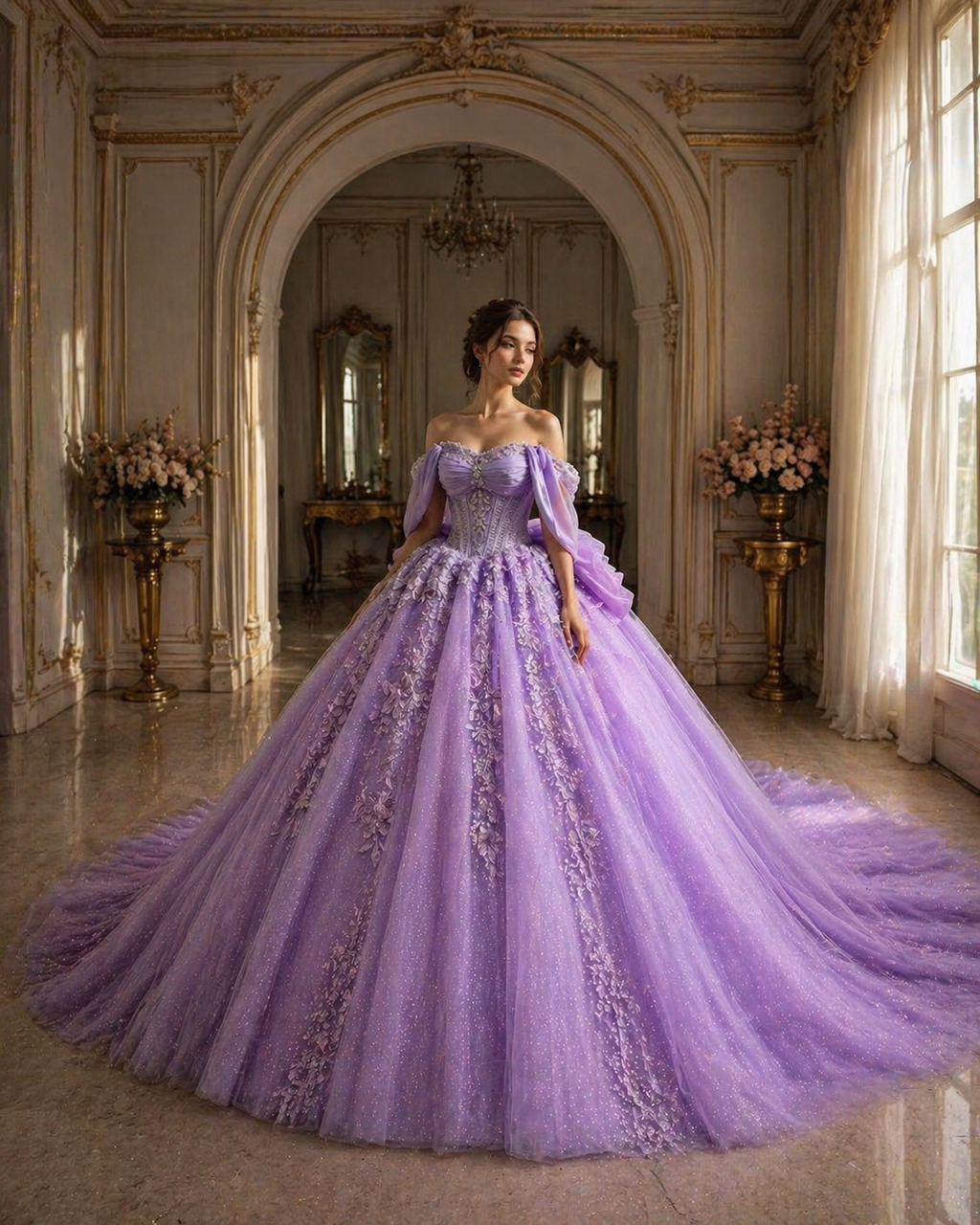 Lavender Luxury Quinceañera Ball Gown with Floral Appliqué & Long Train