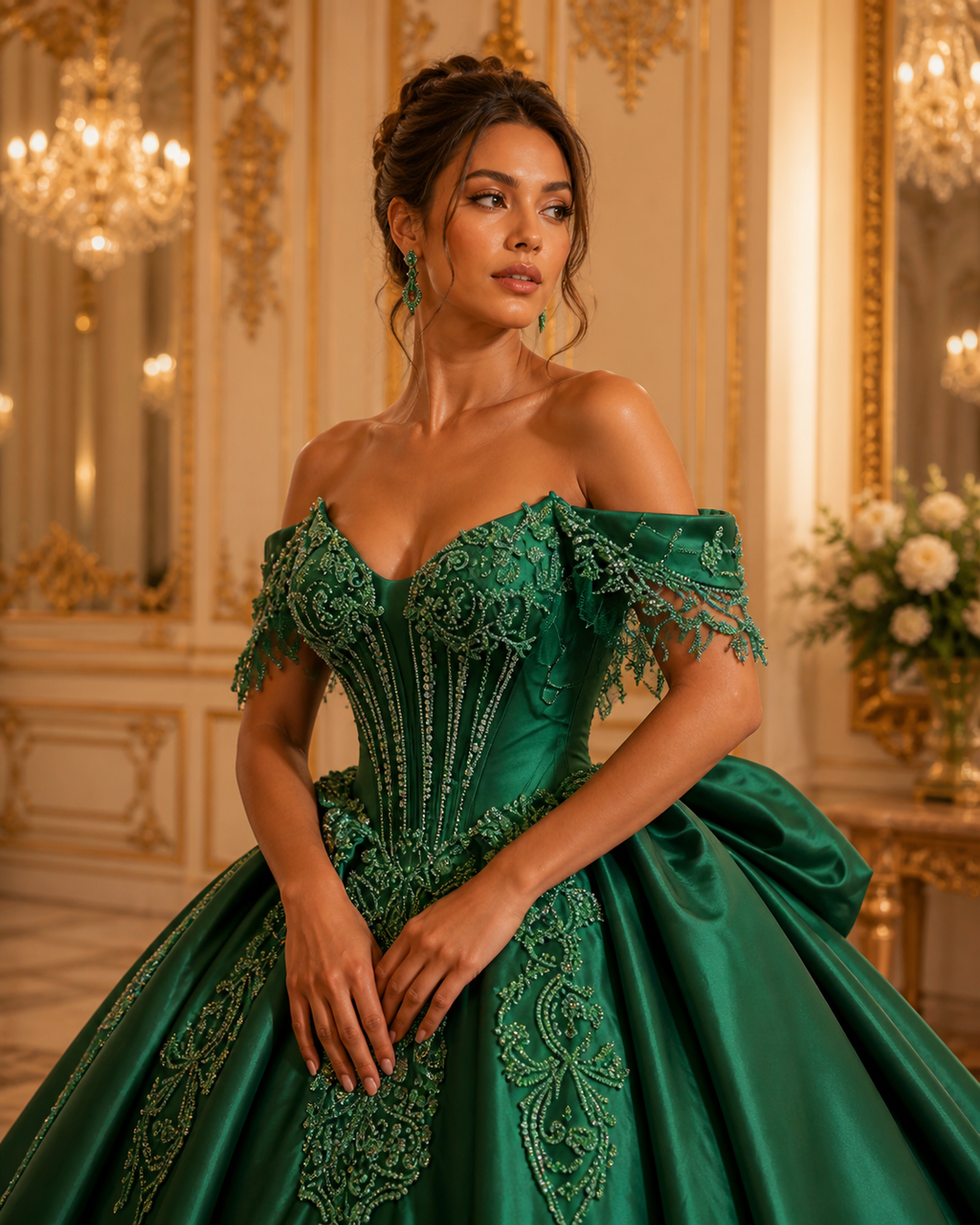 Emerald Green Luxury Quinceañera Ball Gown with Beaded Corset & Long Train