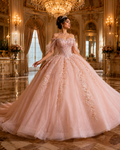 Blush Pink Luxury Quinceañera Ball Gown with Beaded Corset & Bow Train