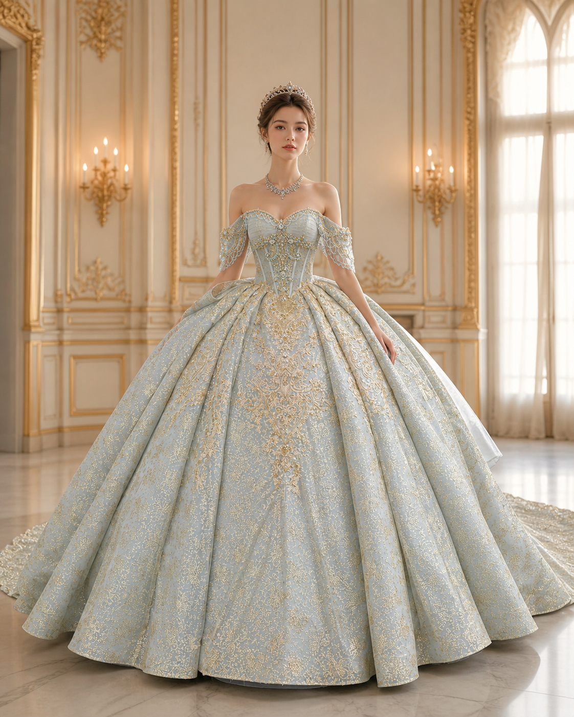 Dusty Blue Luxury Quinceañera Ball Gown with Gold Embroidery & Dramatic Bow Train