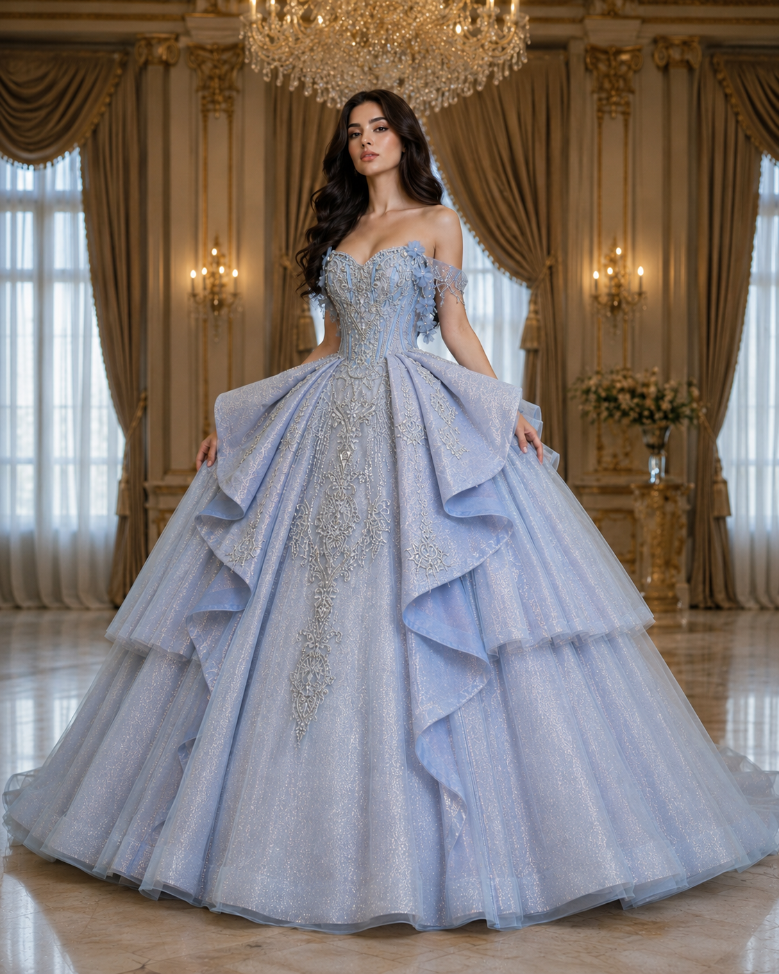 Ice Blue Luxury Quinceañera Ball Gown with Beaded Corset & Dramatic Layered Skirt