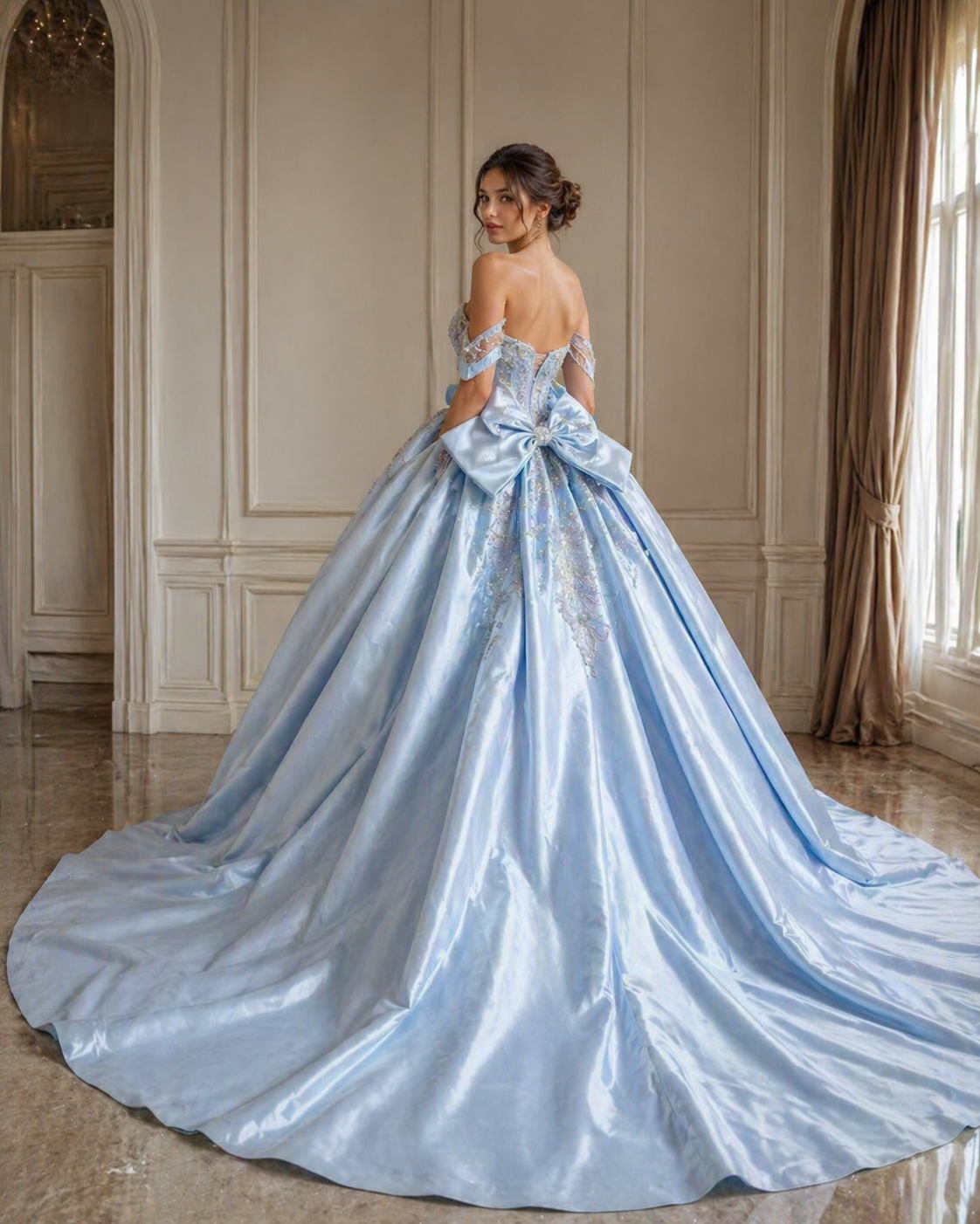 Light Blue Luxury Quinceañera Ball Gown with Beaded Corset & Long Train
