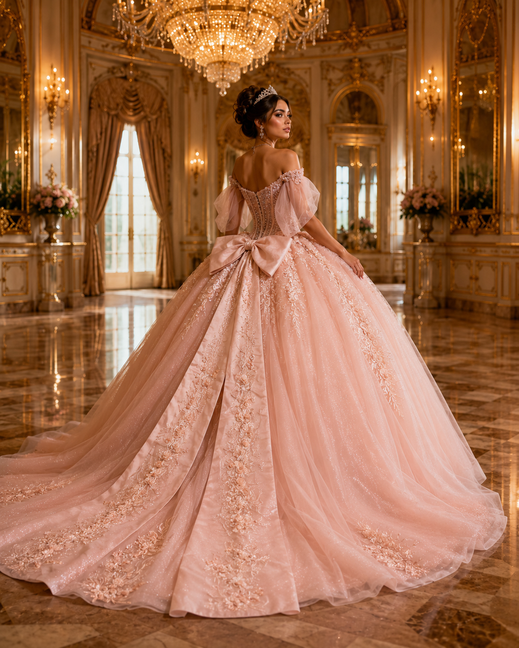 Blush Pink Luxury Quinceañera Ball Gown with Beaded Corset & Bow Train