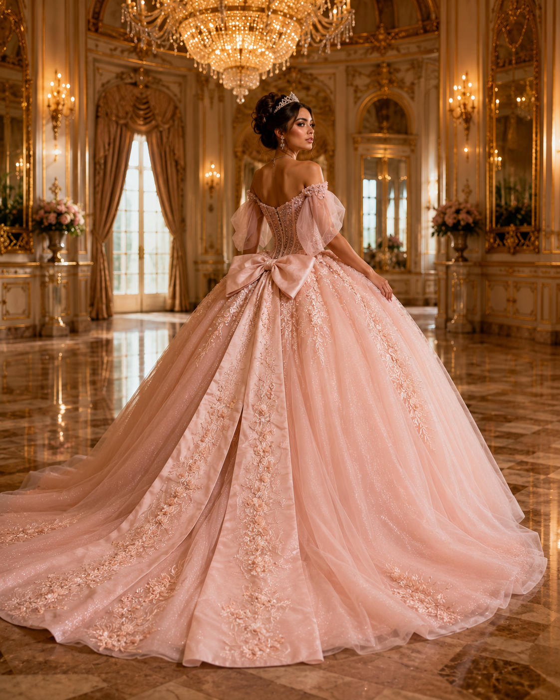 Blush Pink Luxury Quinceañera Ball Gown with Beaded Corset & Bow Train