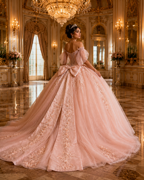 Blush Pink Luxury Quinceañera Ball Gown with Beaded Corset & Bow Train