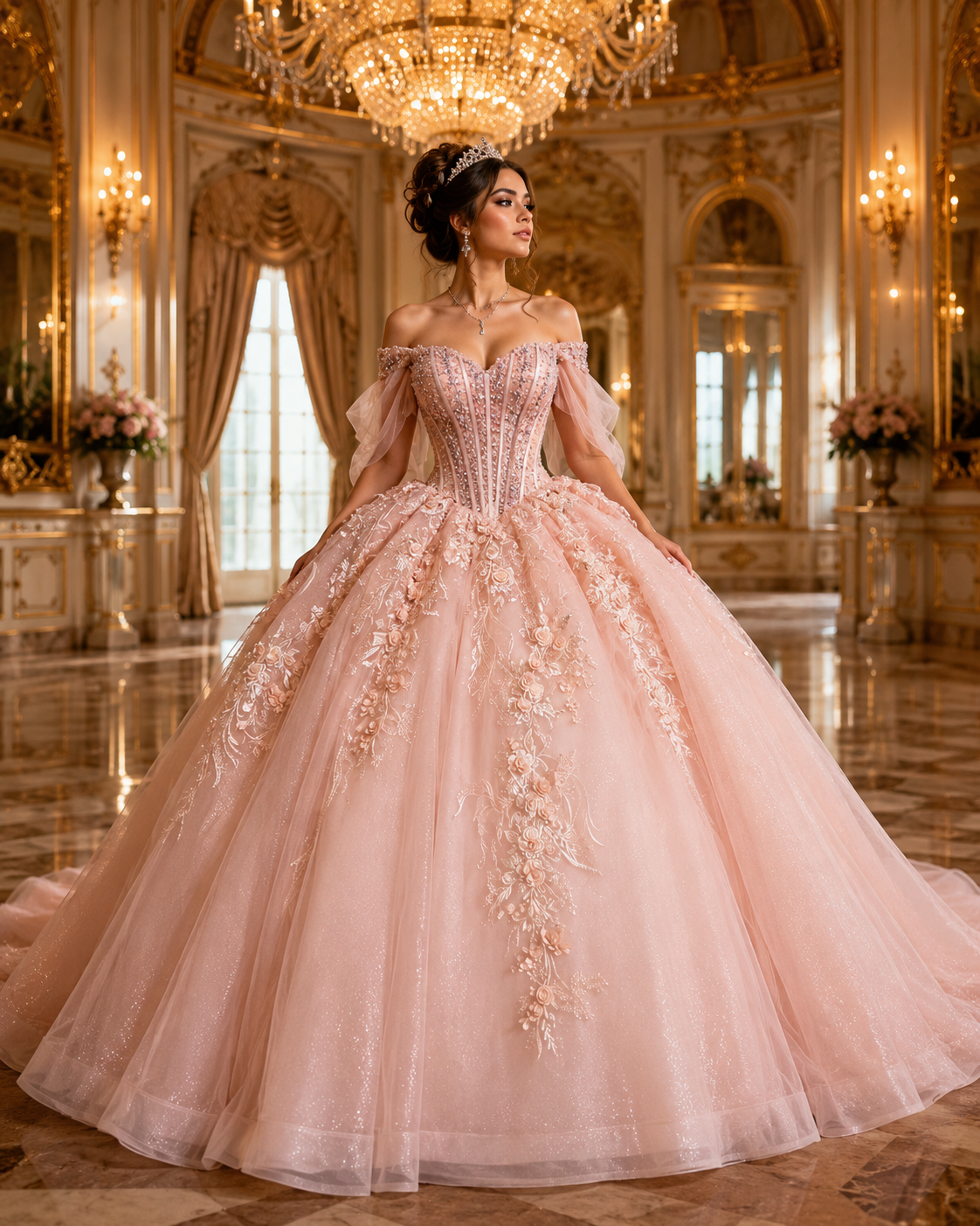 Blush Pink Luxury Quinceañera Ball Gown with Beaded Corset & Bow Train