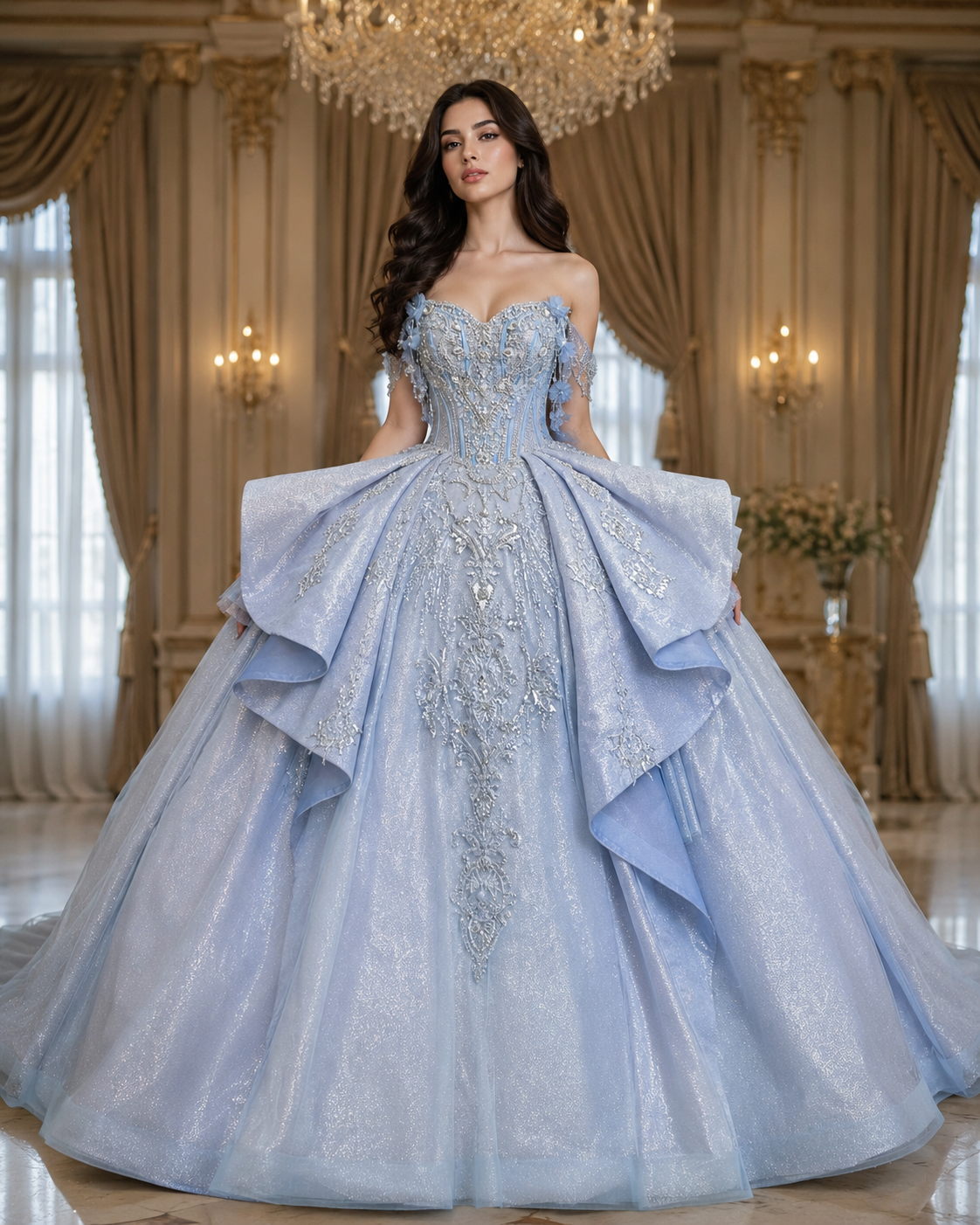 Ice Blue Luxury Quinceañera Ball Gown with Beaded Corset & Dramatic Layered Skirt