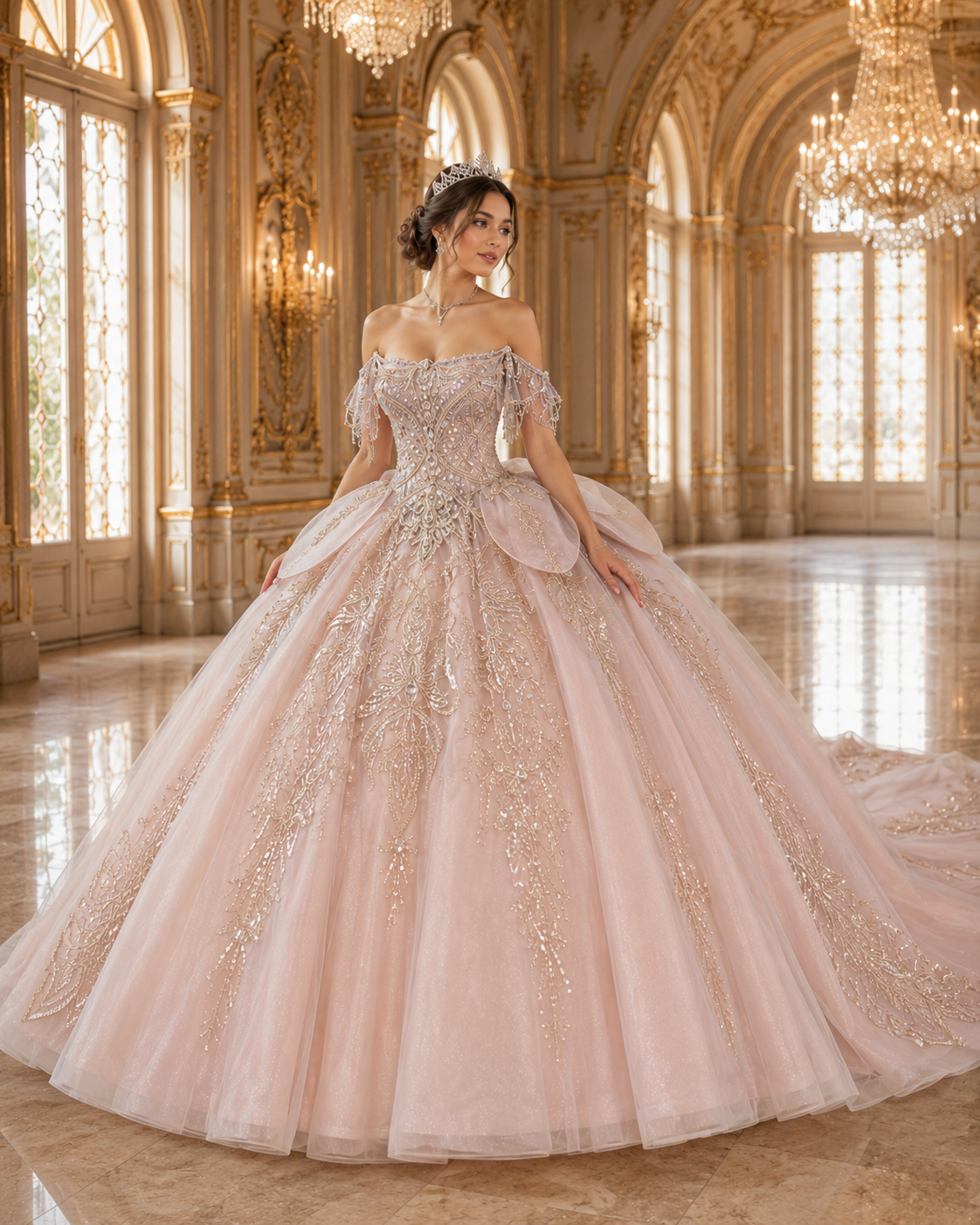 Blush Champagne Luxury Quinceañera Ball Gown with Beaded Corset & Long Train