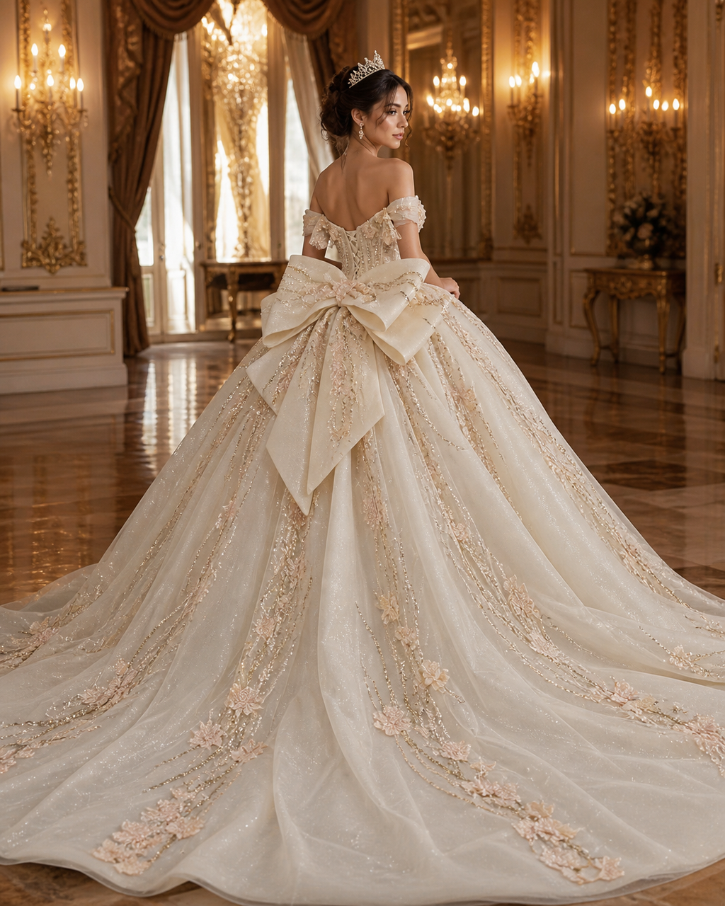 Ivory Champagne Luxury Quinceañera Ball Gown with 3D Floral Beading & Bow Train