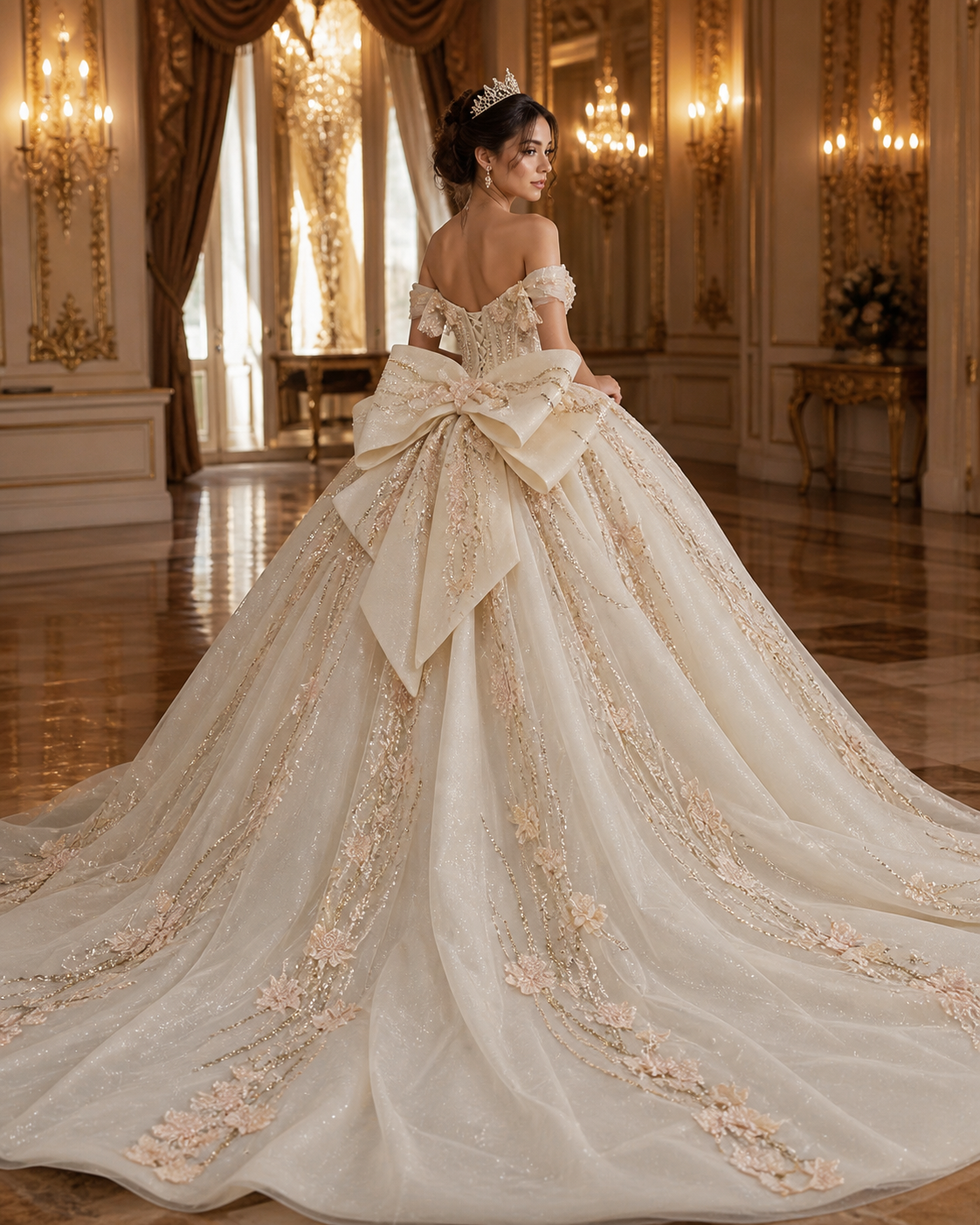 Ivory Champagne Luxury Quinceañera Ball Gown with 3D Floral Beading & Bow Train