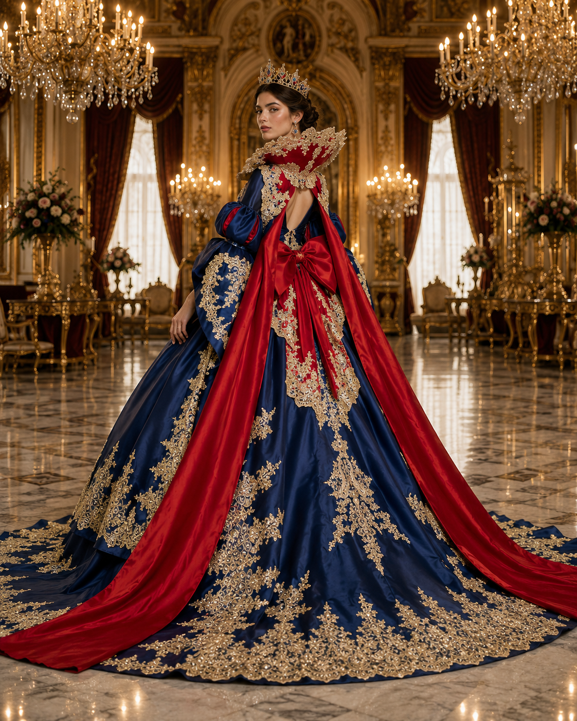 Royal Blue and Red Queen Quinceañera Ball Gown with Gold Lace Cape & Bow Back