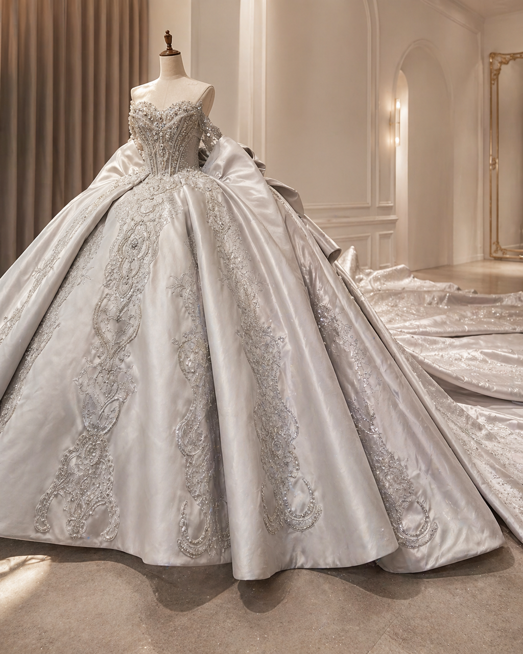 Silver Luxury Quinceañera Ball Gown with Beaded Corset & Long Train
