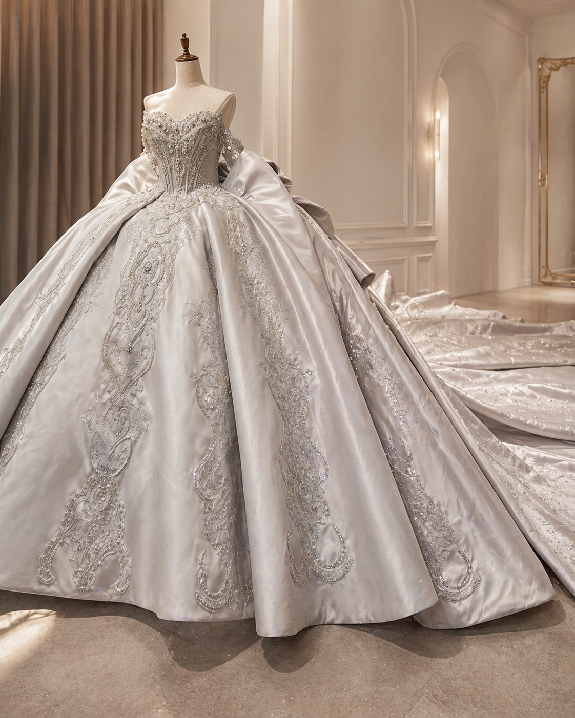 Silver Luxury Quinceañera Ball Gown with Beaded Corset & Long Train