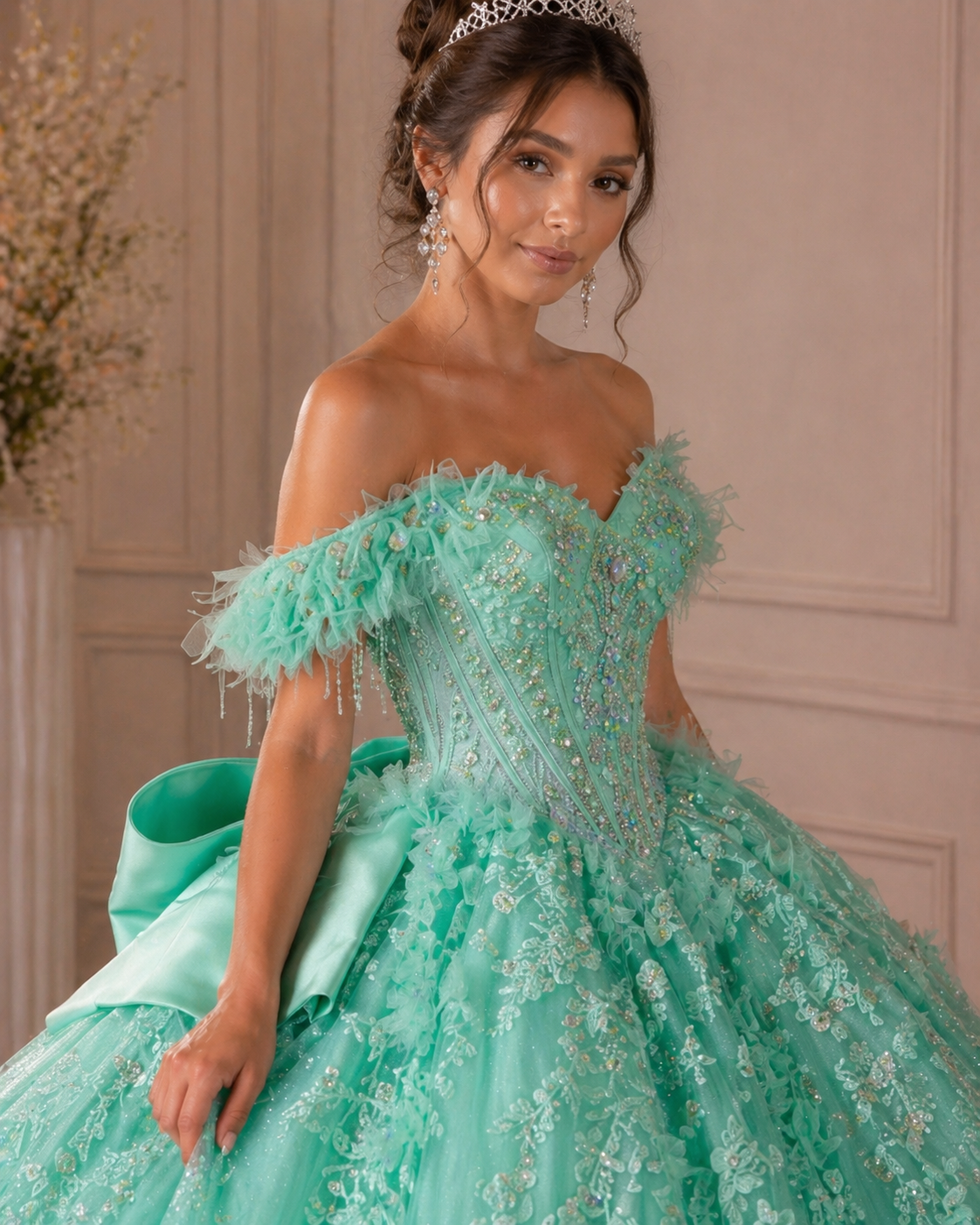Mint Green Luxury Quinceañera Ball Gown with Beaded Corset & Ruffle Train