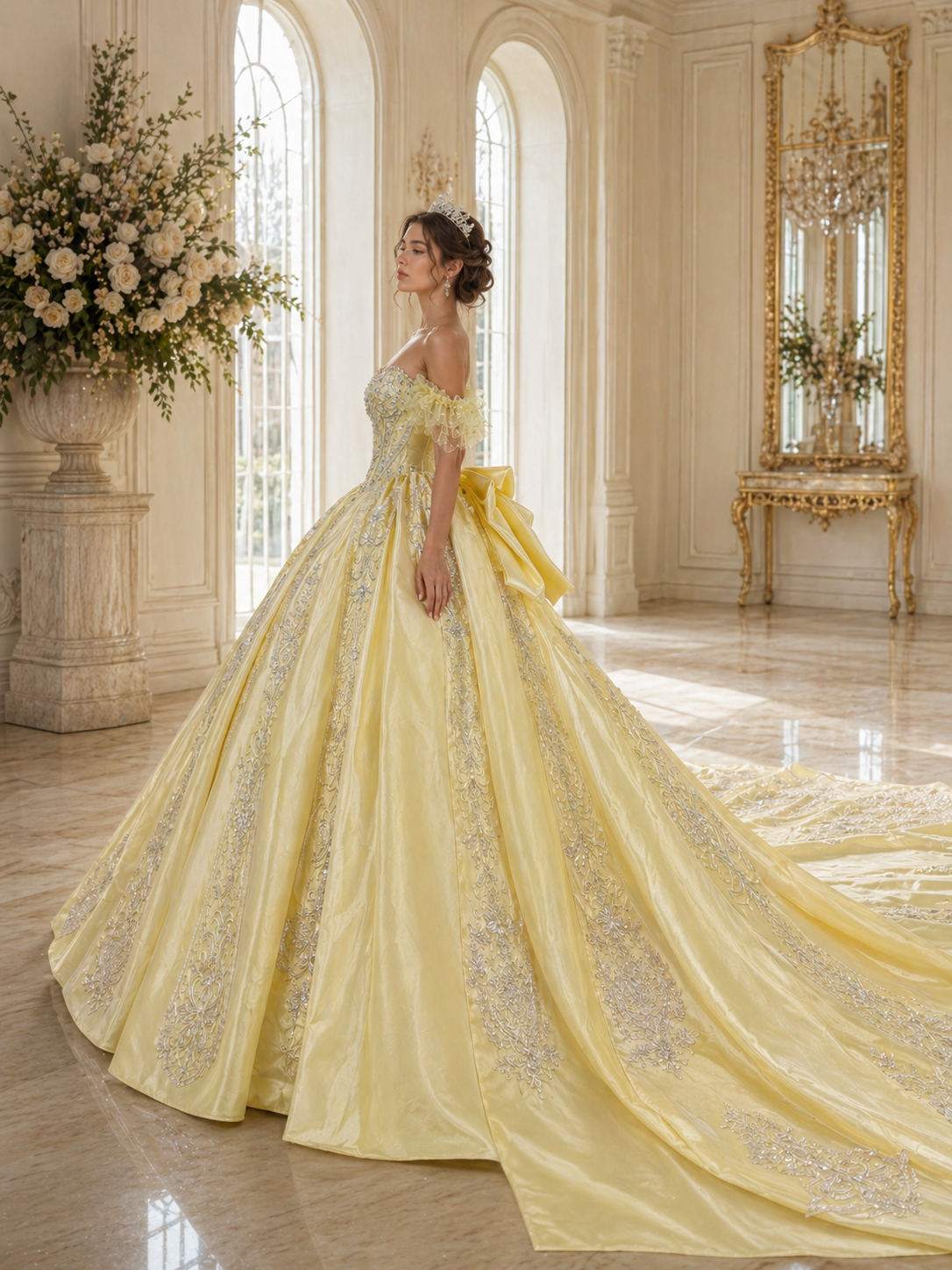 Soft Yellow Luxury Quinceañera Ball Gown with Crystal Beading & Long Train
