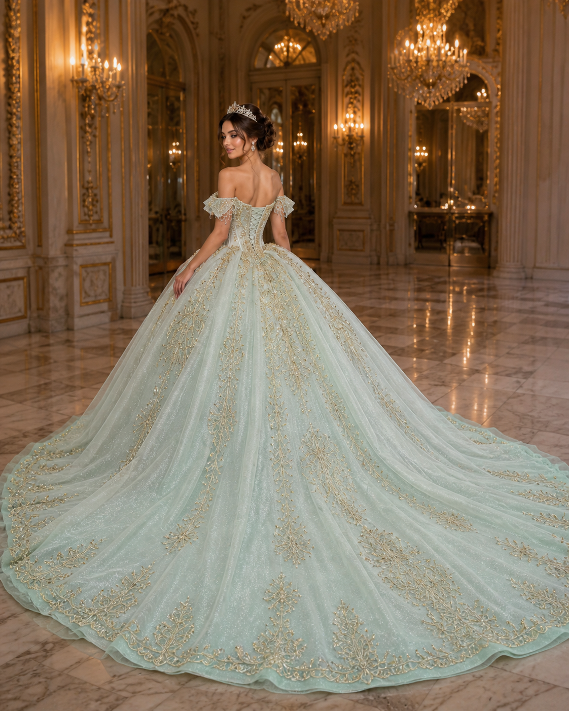 Pale Mint Luxury Quinceañera Ball Gown with Gold Embroidery & Dramatic Train