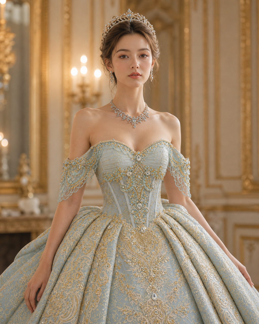 Dusty Blue Luxury Quinceañera Ball Gown with Gold Embroidery & Dramatic Bow Train