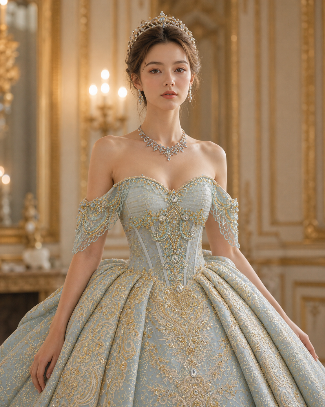 Dusty Blue Luxury Quinceañera Ball Gown with Gold Embroidery & Dramatic Bow Train