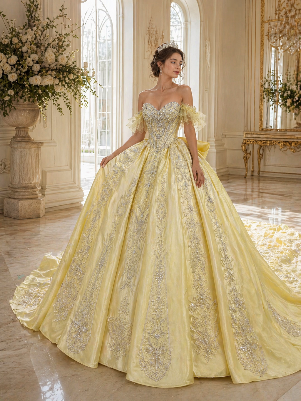 Soft Yellow Luxury Quinceañera Ball Gown with Crystal Beading & Long Train