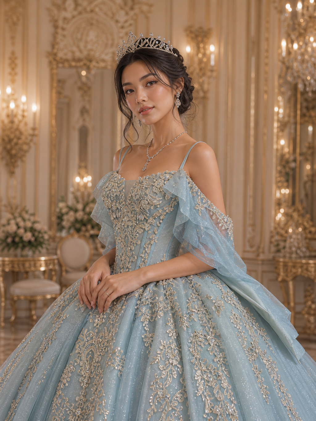 Dusty Blue Luxury Quinceañera Ball Gown with Gold Embroidery & Dramatic Bow Train