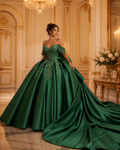 Emerald Green Luxury Quinceañera Ball Gown with Beaded Corset & Long Train