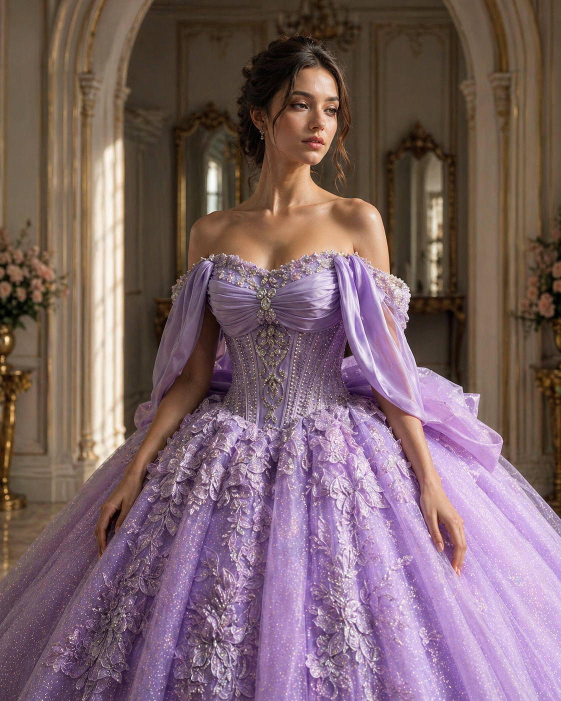 Lavender Luxury Quinceañera Ball Gown with Floral Appliqué & Long Train