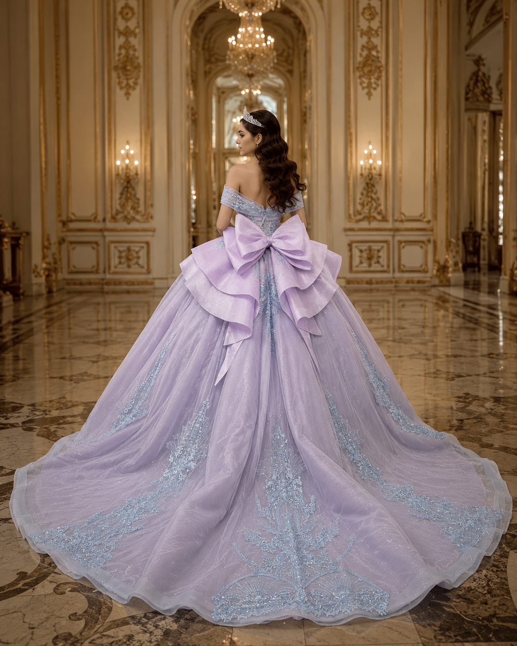 Lavender Blue Luxury Quinceañera Ball Gown with Beaded Corset & Bow Train