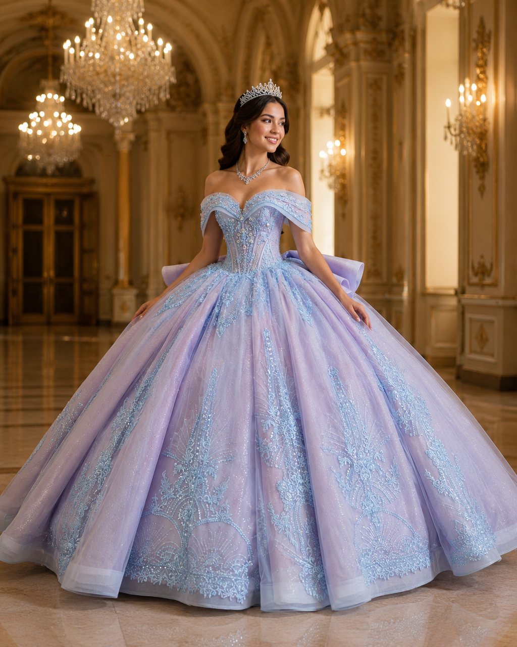 Lavender Blue Luxury Quinceañera Ball Gown with Beaded Corset & Bow Train