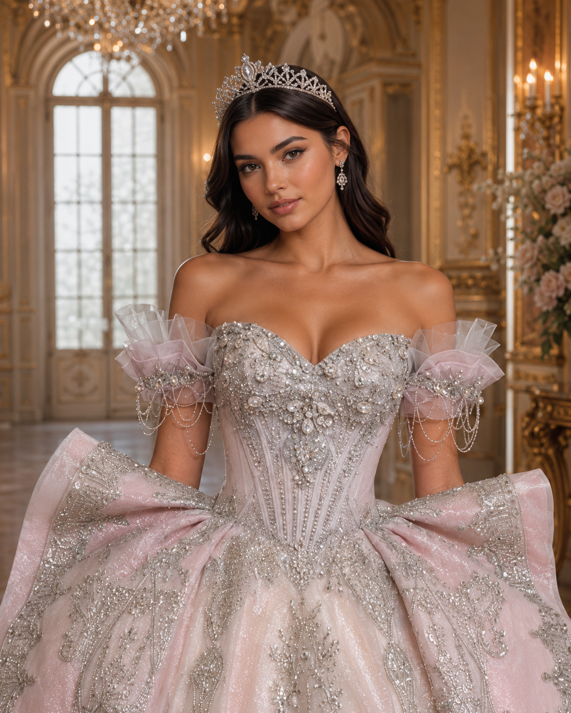 Blush Pink Luxury Quinceañera Ball Gown with Silver Embroidery & Bow Train