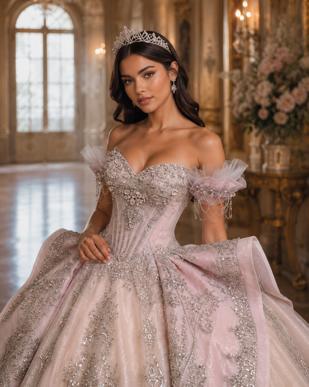 Blush Pink Luxury Quinceañera Ball Gown with Silver Embroidery & Bow Train