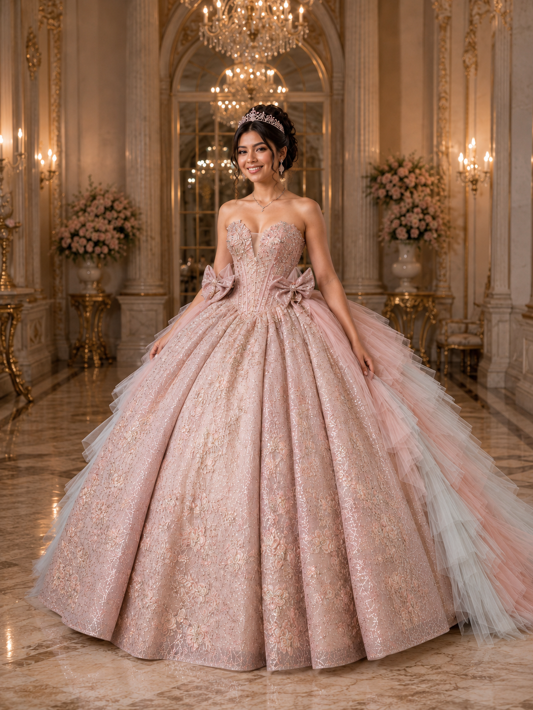 Blush Pink Luxury Quinceañera Ball Gown with Floral Beading & Ombre Ruffle Train