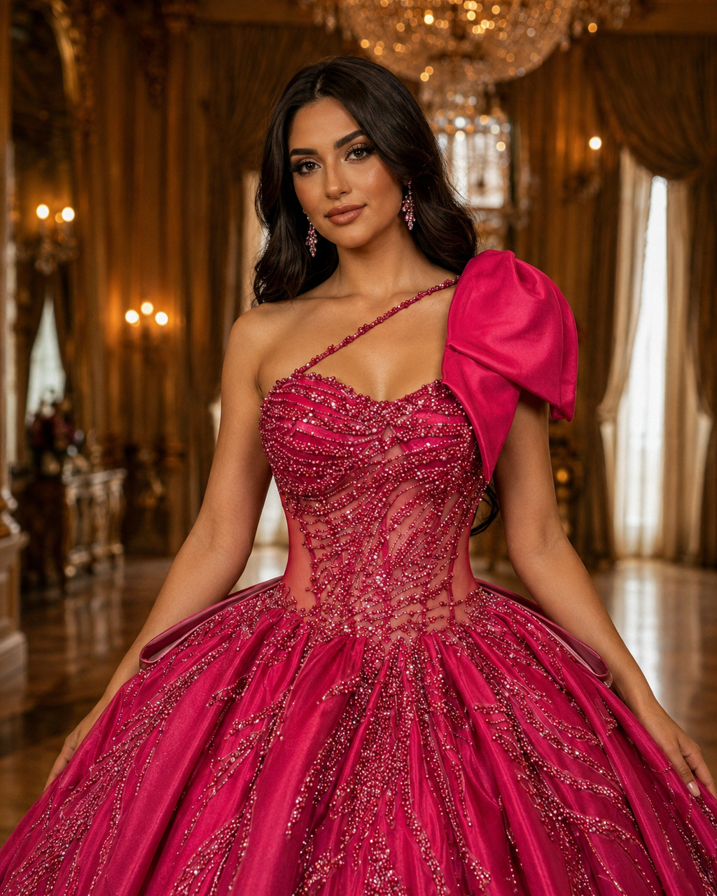 Fuchsia Quinceañera Ball Gown with Beaded Corset, One-Shoulder Bow & Ruffle Train