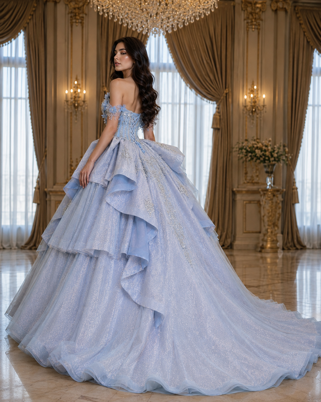 Ice Blue Luxury Quinceañera Ball Gown with Beaded Corset & Dramatic Layered Skirt