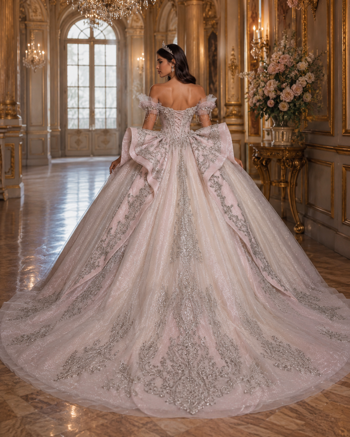 Blush Pink Luxury Quinceañera Ball Gown with Silver Embroidery & Bow Train